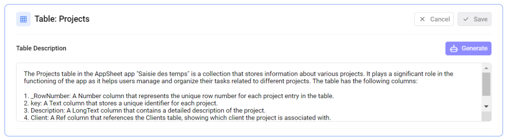 Le texte généré pour une table appelée "Project"