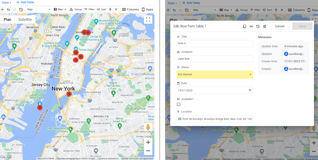 Vue Map, avec la fiche détail et métadata lorsqu’on clique sur un enregistrement