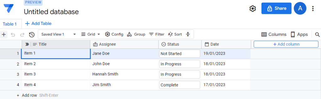 Visuel d’une Database initialisée par AppSheet