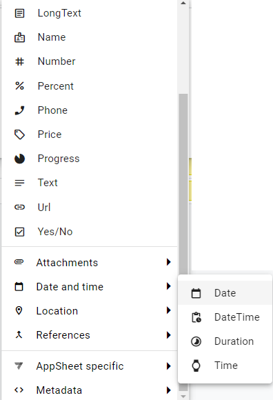 Les types sont regroupés par catégorie sémantique dans AppSheet Database