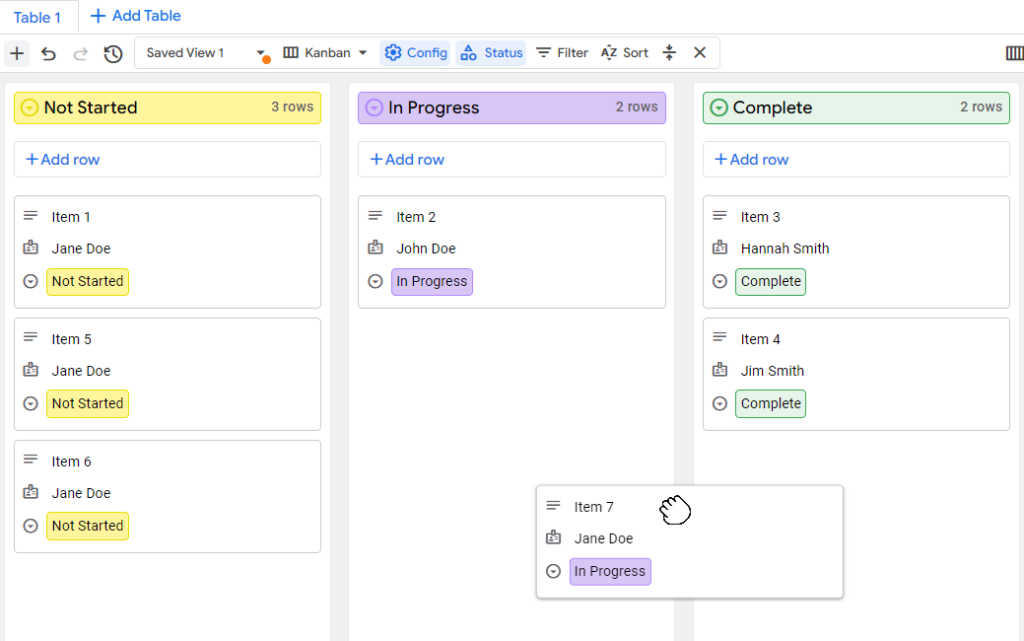 La vue Kanban, lors du déplacement d’un enregistrement dans une autre catégorie