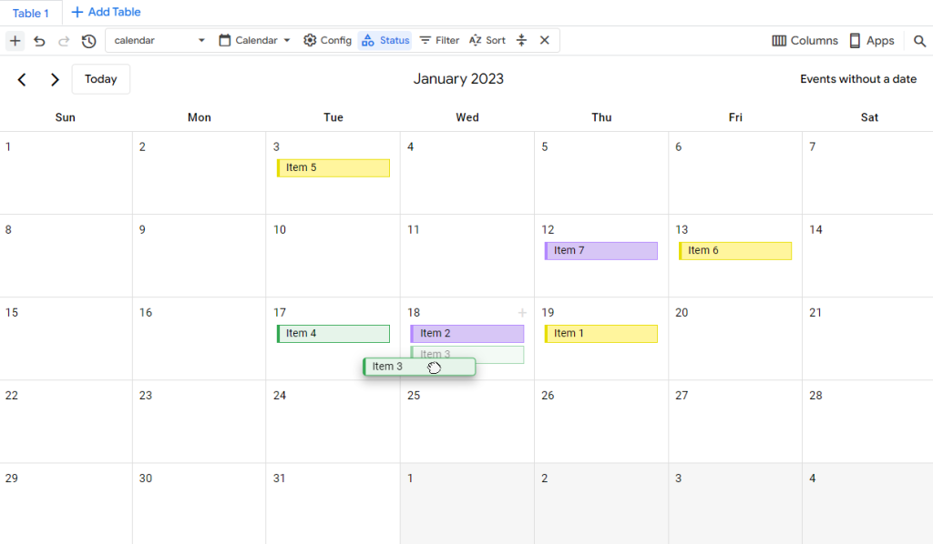 La vue Calendrier, lors du déplacement d’un enregistrement sur une autre date