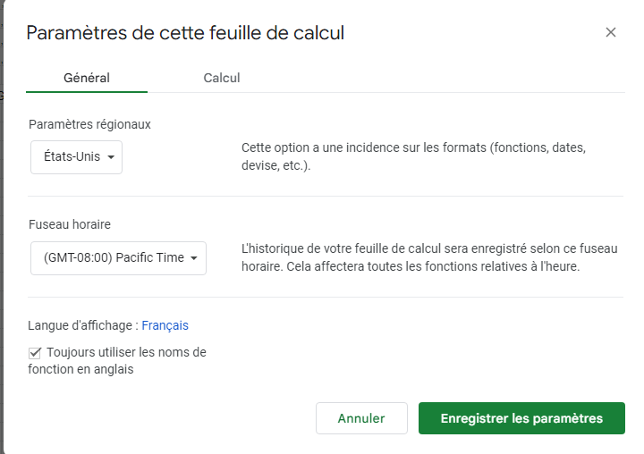 Paramétrage sur Google Sheets 