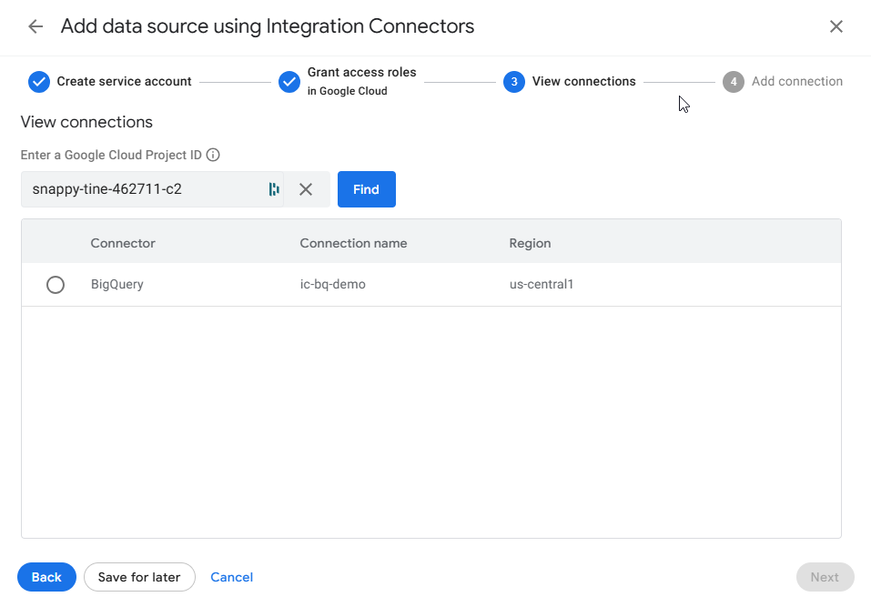 Recherche du connecteur d'intégrations depuis la console AppSheet
