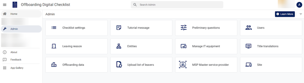 Vue de l'interface administrateur, permettant de paramétrer l'application pour les spécificités de chaque entité