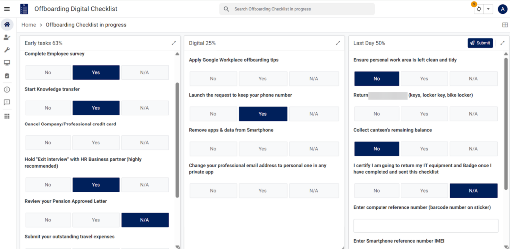 Vue de l'interface utilisateur intuitive, personnalisée selon le profil et la langue, permettant un suivi clair de la complétion