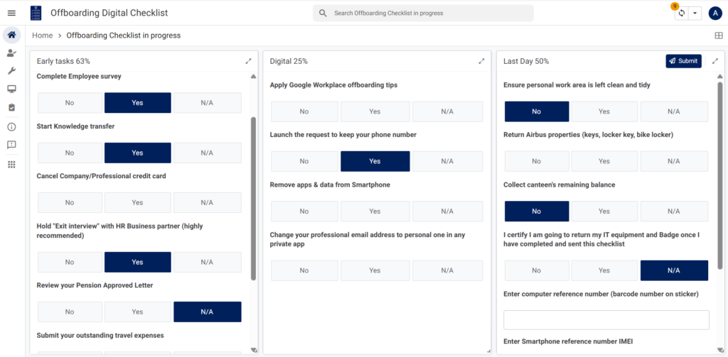 Vue de l'interface utilisateur intuitive, personnalisée selon le profil et la langue, permettant un suivi clair de la complétion
