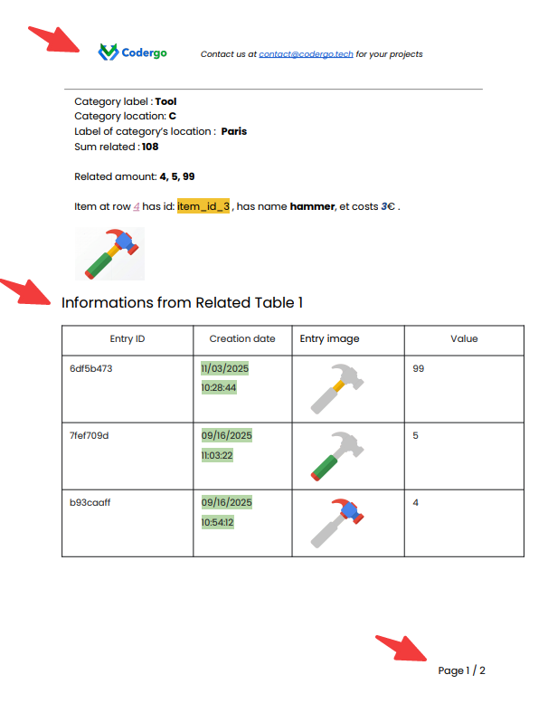 Exemple d'un document PDF généré via Apps Script, avec conservation des en-têtes, pieds de page et styles du template.