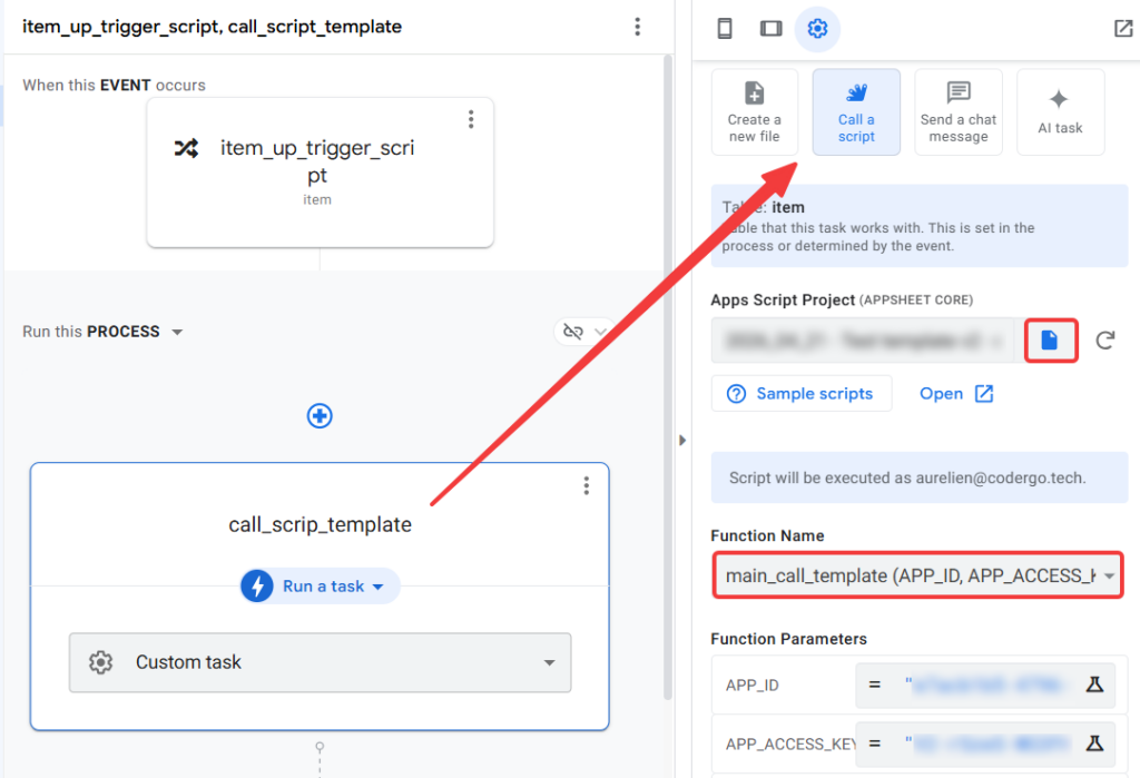 Configuration de la tâche 'Call a script' dans AppSheet Automation, liant l'événement au script de génération.